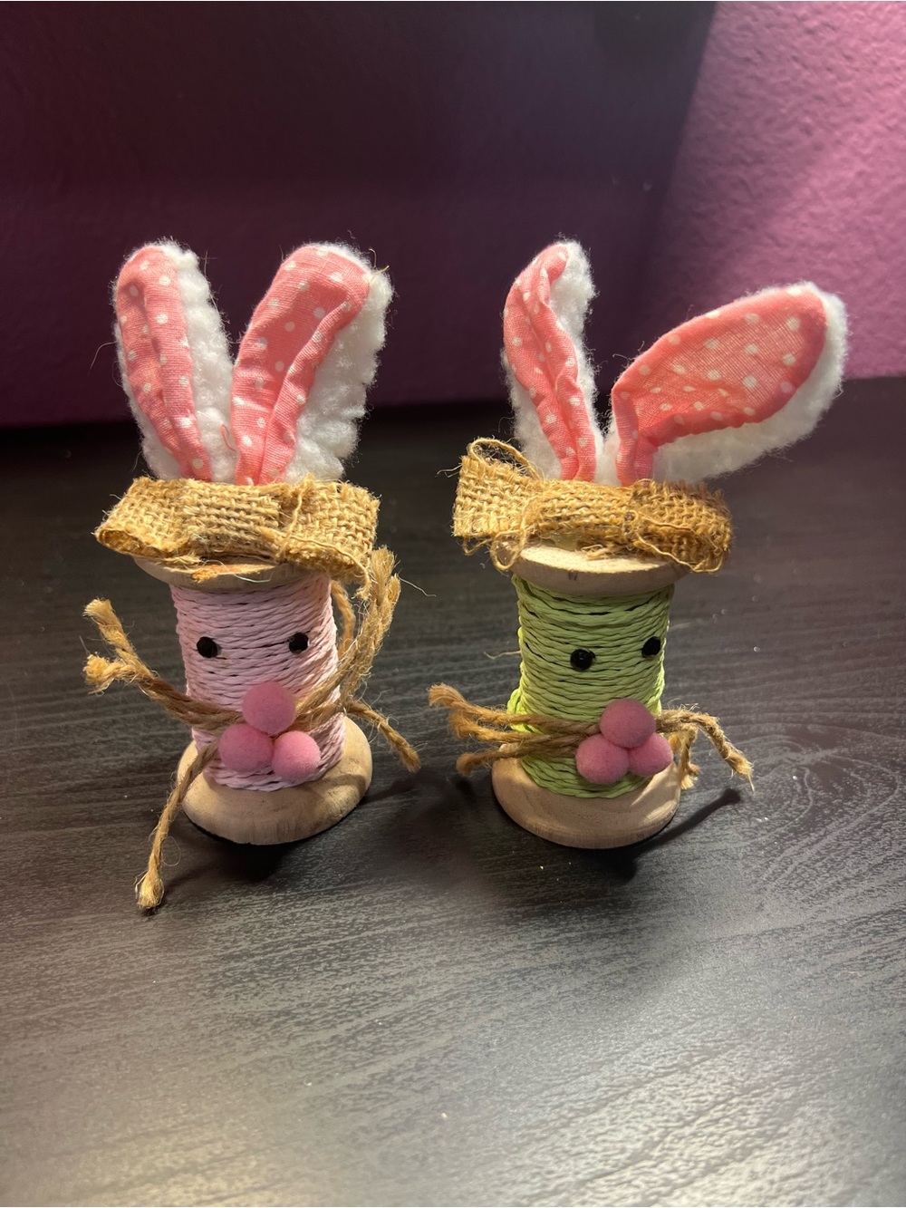 2 Thread Spool Bunnies/ Green & Pink Ornaments Farmhouse Country Chic Easter
